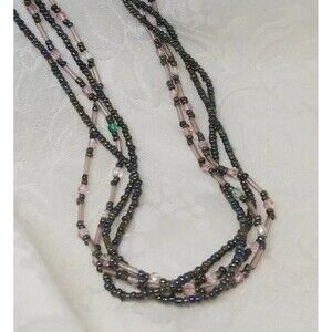 Premier Designs Seed Bead Necklace Glass Multi-Strand Gunmetal Grey Pink 19"